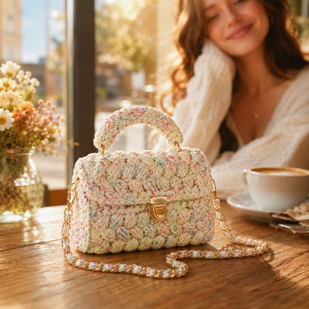 handmade crochet bag on a sunny café table